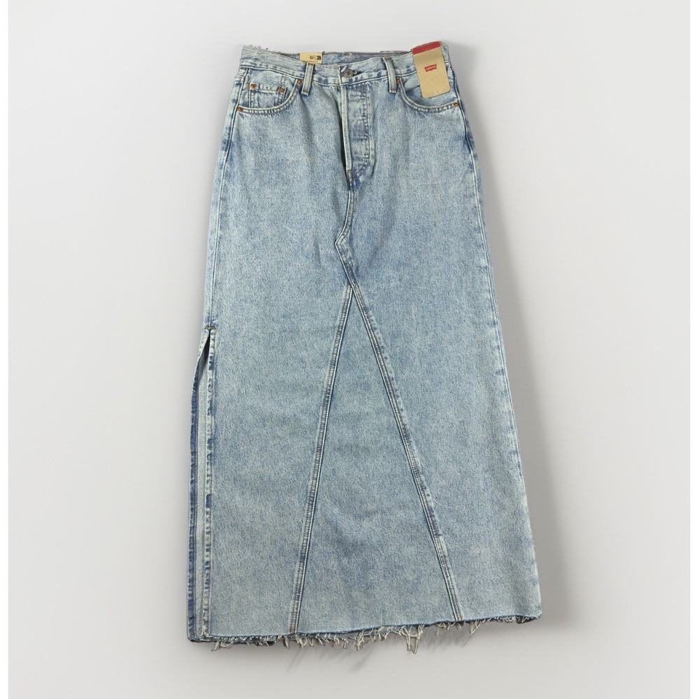Levi's Icon Long Denim Skirt Women's 26 NWT Light Wash Side Slit Raw Hem